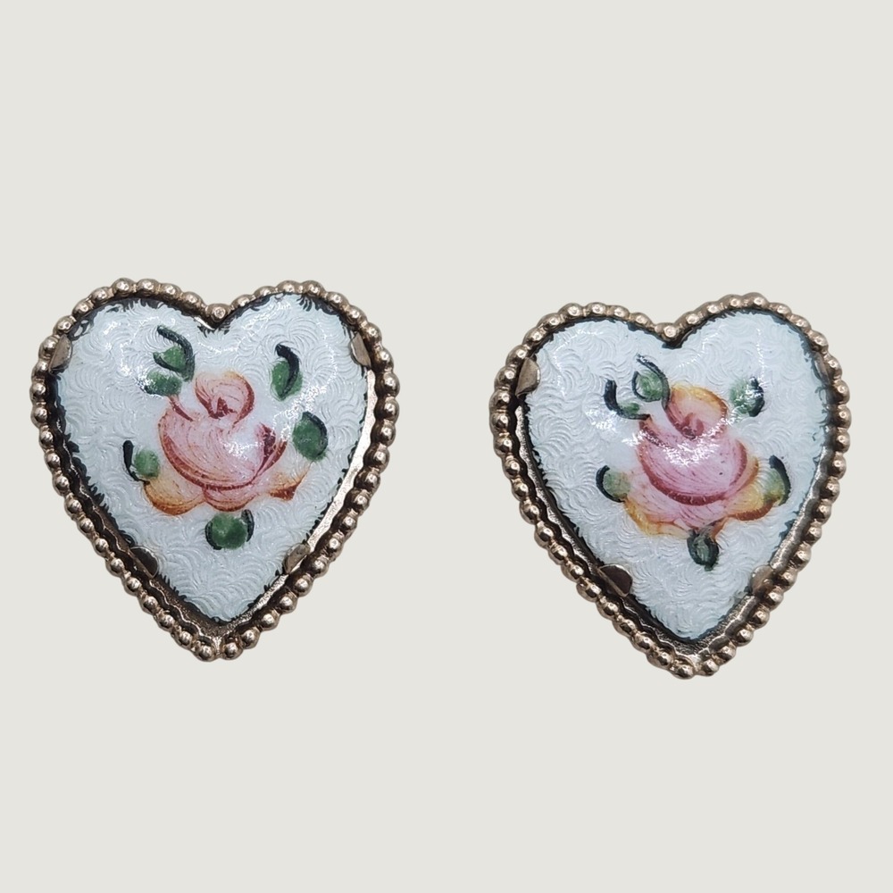 Vintage Coro Enamel Rose Guilloche Heart Earrings Screw Back Victorian Style